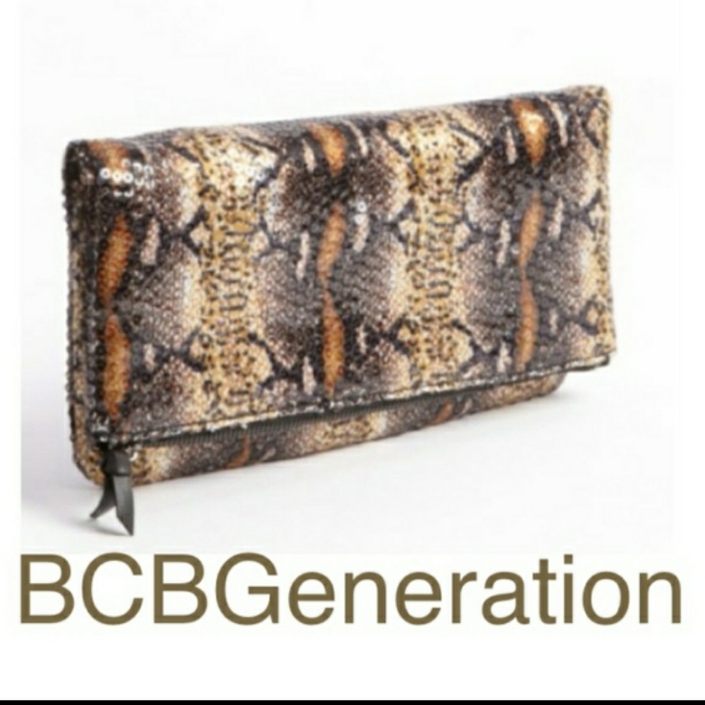 BCBGeneration amber snake design sequin clutch